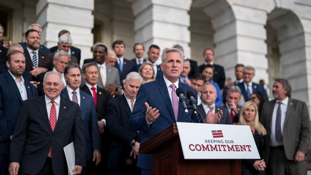 Speaker of the House Kevin McCarthy, R-Calif., holds an event to mark 100 days of the Republican majority in the House, at the Capitol in Washington, Monday, April 17, 2023. (AP Photo/J. Scott Applewhite)