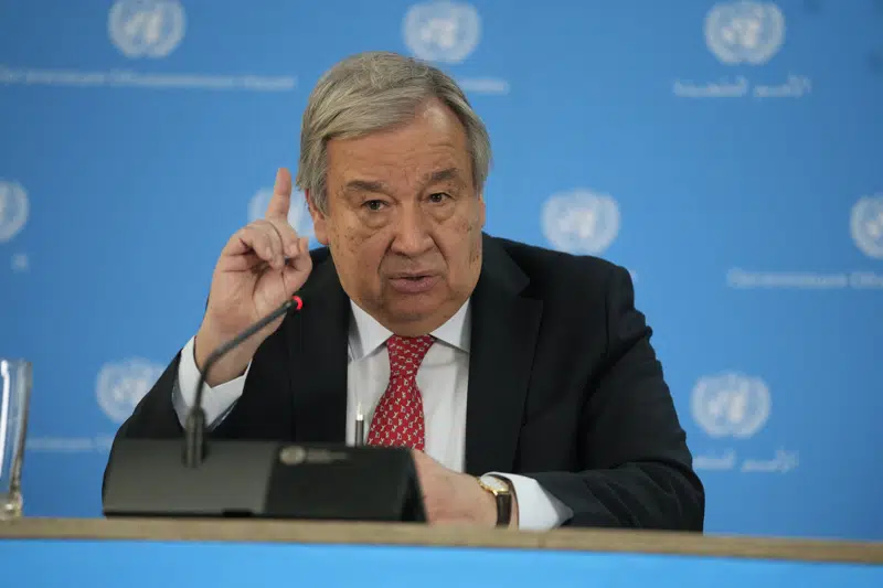 U.N secretary General Antonio Guterres addresses the media during a visit to the U.N. office in the capital Nairobi, Kenya on , May 3, 2023. Guterres implicitly criticized Cambodia’s upcoming elections Wednesday, May 31, 2023 for failing to be inclusive, after the top opposition party was not allowed to register. (AP Photo/Khalil Senosi, File)