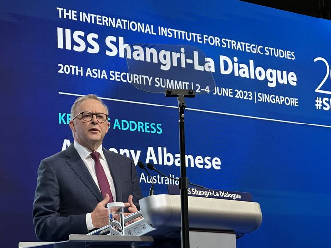 Australian Prime Minister, Anthony Albanese delivers his keynote address in the Shangri-La Dialogue 2023 (International Institute for Strategic Studies)