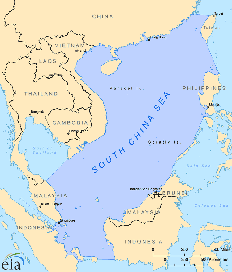 Map of the South China Sea, the highly contested waters between Southeast Asian states and China (Energy Information Administration)