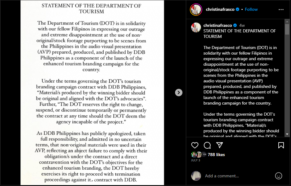 Statement of the Department of Tourism from Tourism Secretary Christina Frasco’s Instagram Account (Christina Frasco)