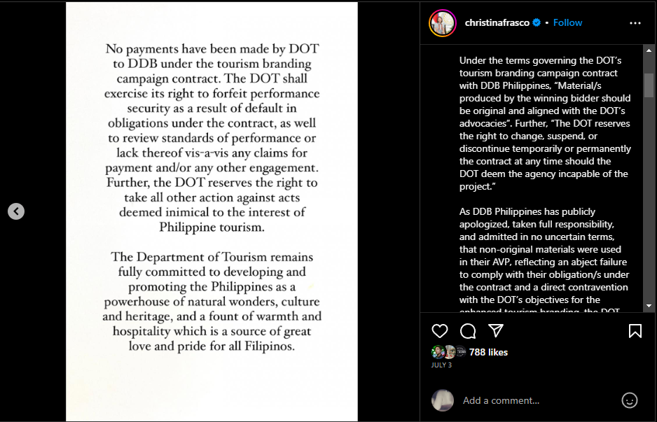 Statement of the Department of Tourism from Tourism Secretary Christina Frasco’s Instagram Account (Christina Frasco)