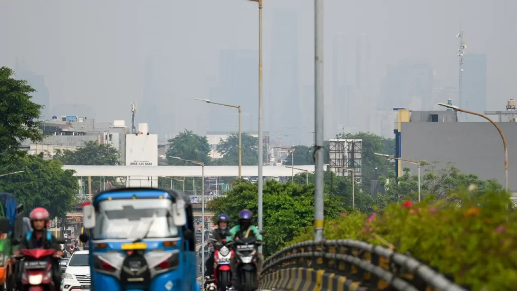 Air pollution obscures the Jakarta skyline on August 11, 2023. (CNN)