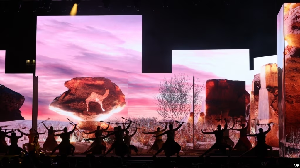 Dancers perform during the opening ceremony of the UNESCO Extended 45th session of the World Heritage Committee at the al-Murabba Palace in Riyadh on September 10, 2023 {Photo courtesy of Agence France-Presse).