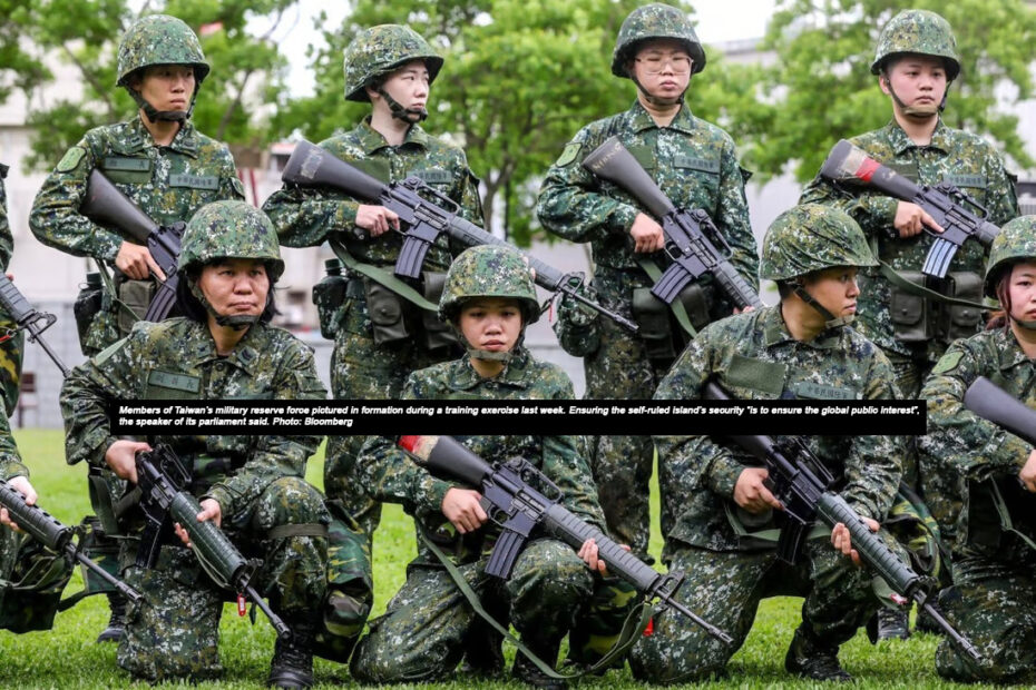 Members of Taiwan’s military reserve force pictured in formation during a training exercise last week. Ensuring the self-ruled island’s security “is to ensure the global public interest”, the speaker of its parliament said. Photo: Bloomberg