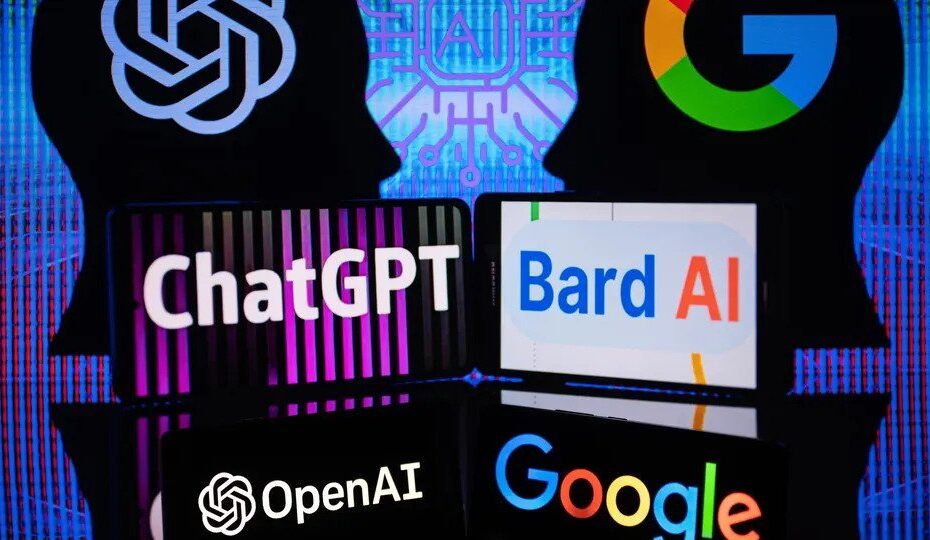 Google Bard VS OpenAI ChatGPT displayed on Mobile with Openai and Google logo on screen seen in this ... [+]NURPHOTO VIA GETTY IMAGES