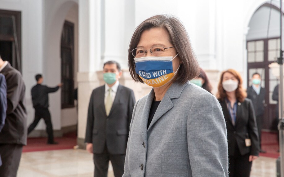 Taiwan's President Tsai Ing-wen wears a “Stand with Ukraine” mask in Taipei, Taiwan, on March 2. (Handout/Via Reuters)